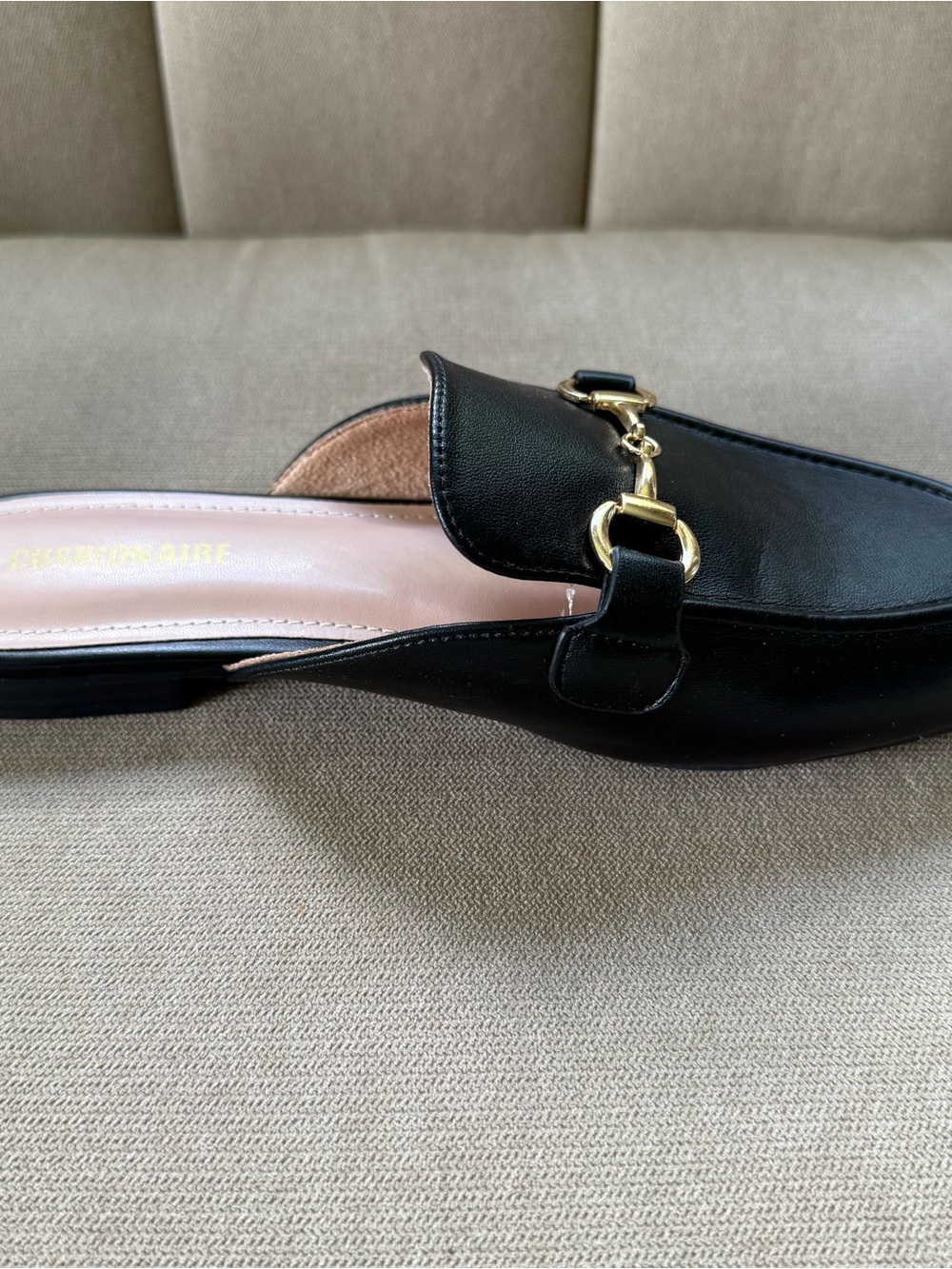 Black Leather Backless Loafers with Gold Horsebit Detail - Picture 3 of 15